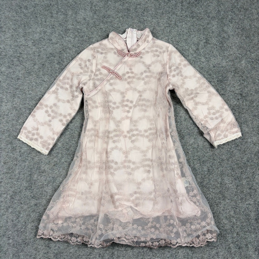 Unbranded Cheongsam Qipao Dress Girls Pink Lace Sheer Floral Frog Closure 100 - Picture 2 of 11
